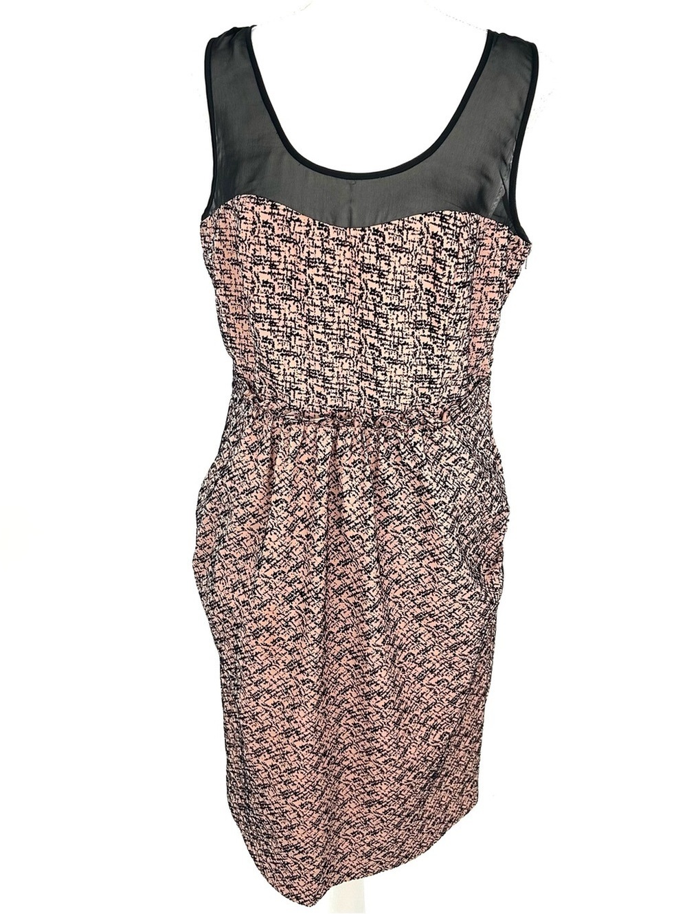 Moulinette Soeurs Pink Patterned Midi Dress with Black Mesh Yoke